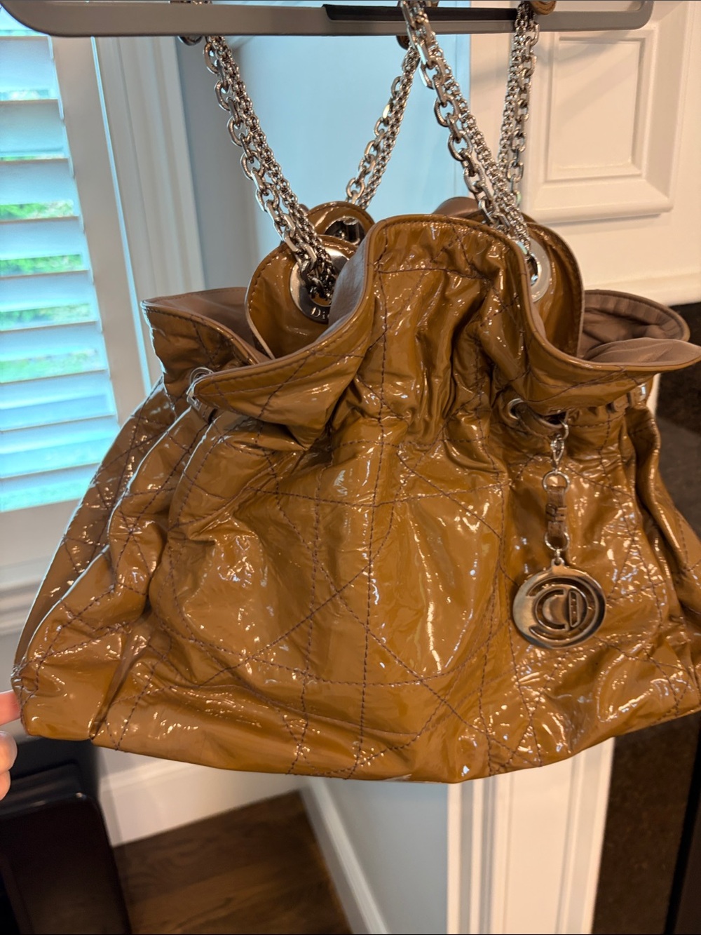 Dior Glossy Quilted Drawstring Shoulder Bag in Caramel Brown